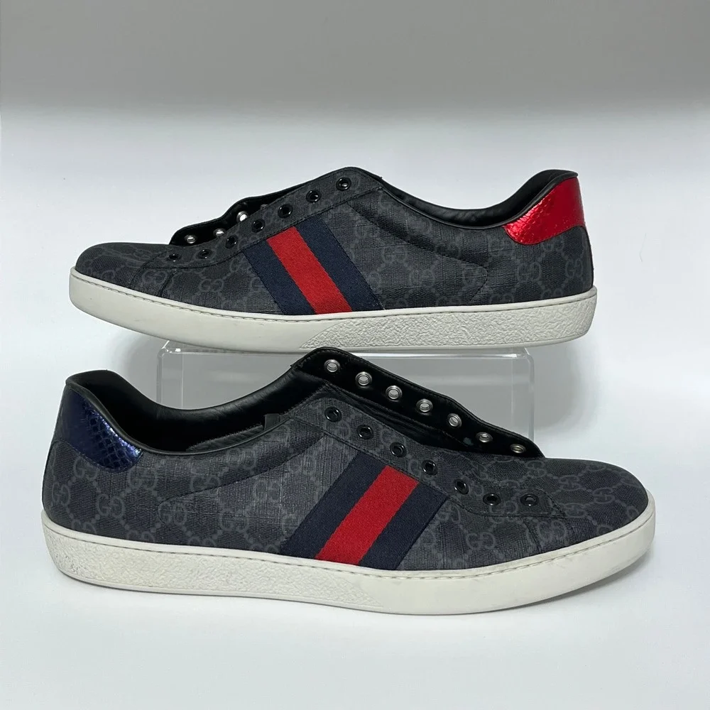 Gucci Ace GG Supreme Monogram Sneakers Grey Red Blue Web 429446 Mens 13